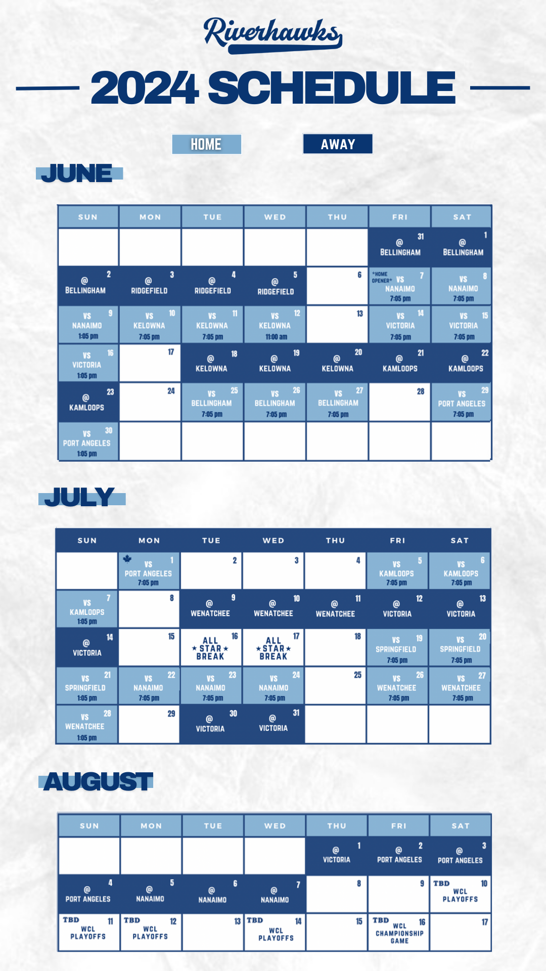 Calendar view of 2024 Riverhawks schedule